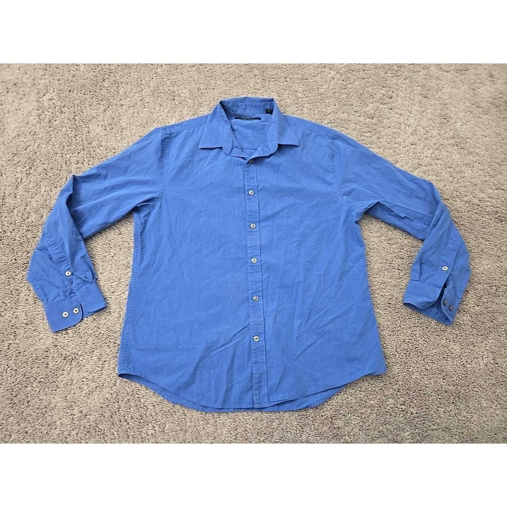 Perry Ellis Button Up Shirt Mens L Blue Long Sleeve 100%‎ Cotton Preppy Casual
